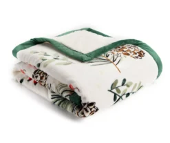 White & Green Pine Print Sherpa Throw, (50" X 60")