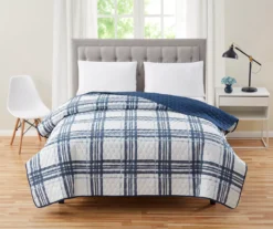 White & Navy Plaid Microfiber Quilt