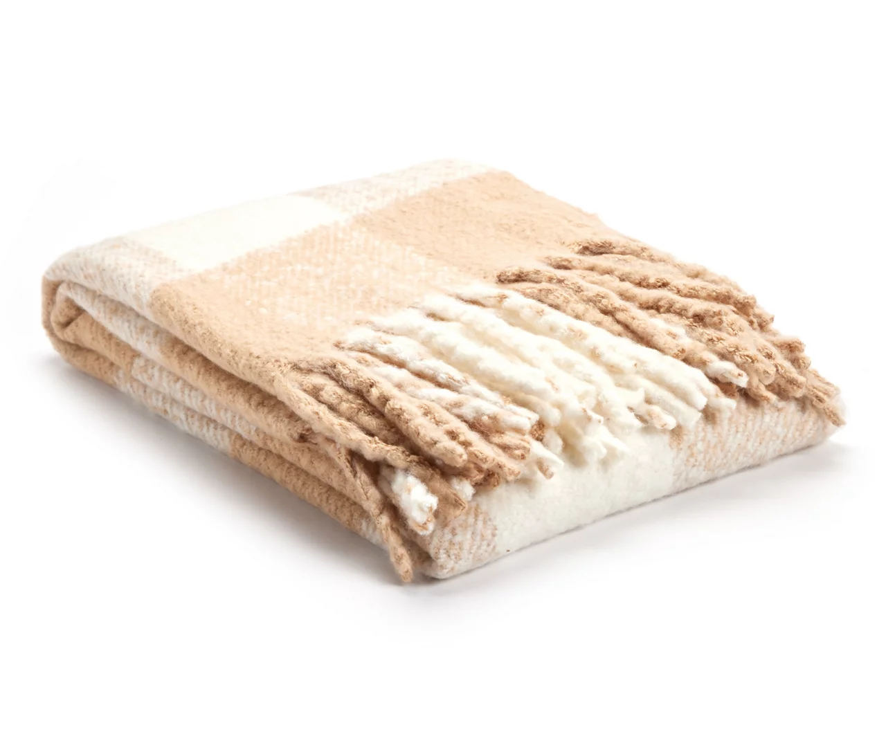Tan & White Plaid Fringe-Trim Throw, (50" X 60") 3 Tan & White Plaid Fringe-Trim Throw, (50" X 60")